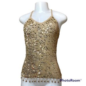Gold Fully Sequined Beaded Trim Top S/M